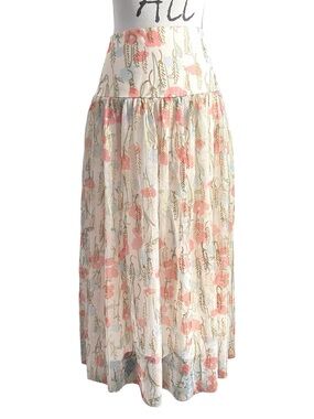 Cream/Pink/Gold Sheer Floral Overlay Drop Waist Yolk Full Maxi Skirt (M/L)